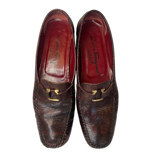 RARE Salvatore Ferragamo Snakeskin Loafers - W Size 8, Burgundy, Made in Italy - Picture 1 of 10